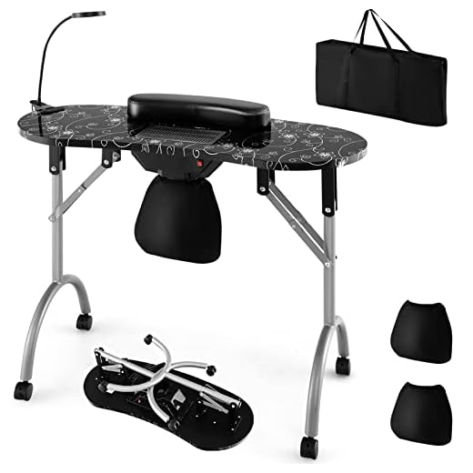 Giantex Nail Desk with Electric Dust Collector, Portable Manicure Table with USB-Plug LED Table Lamp, Wrist Rest, 4 Lockable Casters, Carry Bag, Foldable Nail Table for Nail Tech (Black)