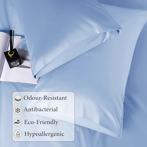Image of RD TREND Microfiber Satin Weave Fitted Bedsheets for Queen Size Bed 78x60x10 Inch with 2 Pillow Covers-18x28 Inch | 400 TC All Around Elastic | Sky Pearl