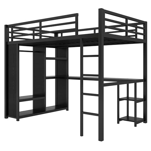 Image of Bellemave Full Size Loft Bed with Desk, Wardrobe, Metal Full Loft Bed Frame for Adults, Kids, Teens, Black