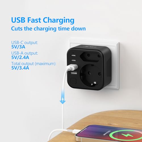 JSVER Steckdosenleiste mit USB 2Fach Steckdosenadapter(3680W 16A) mit 2 USB A und 2 USB C(5V/3.4A) Mehrfachstecker für Steckdose mit Schalter para iPad,iPhone Tablets-Schwarz