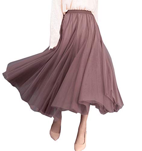 LaoZan Women's Pleated Tulle Maxi Skirt Ankle Length Elastic High Waist A Line Flowing Hem Breathable Petticoat (Apricot,Waist (60-80cm