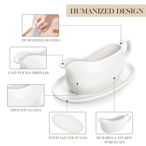 Image of MALACASA 17 oz Gravy Boat with Saucer Stand, Porcelain Sauce Boat with Tray for Salad Dressings, Creamer, Broth, Milk, Ergonomic Handle, Microwave & Dishwasher Safe (White)