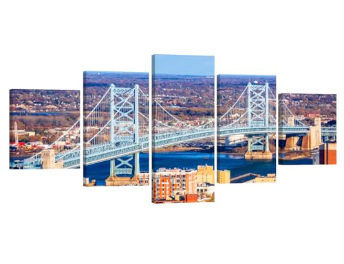 LSIUHWUWI Benjamin Franklin Bridge Wall Art Camden New Jersey Wall Decor Philadelphia Wall Painting the Delaware RIver Wall Art for Living Room Bedroom Office 5 Pieces Framed Ready to Hang 32X60 INCH