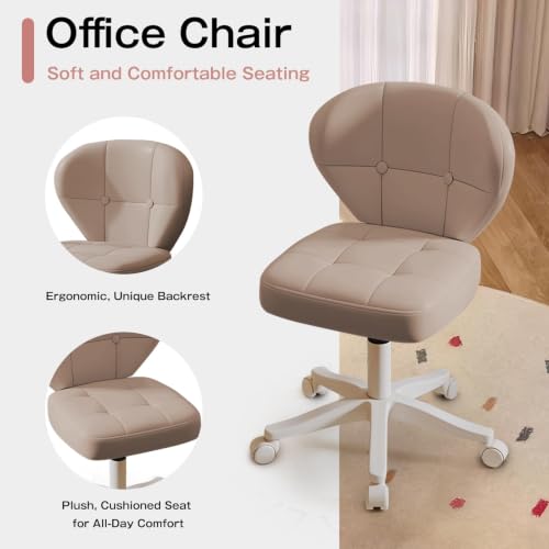 Image of Small Office Chair with Lumbar Support, PU Leather Armless Swivel Desk Chair Adjustable Height, Compact Rolling Chair for Home Office, Bedroom, Study (Khaki)