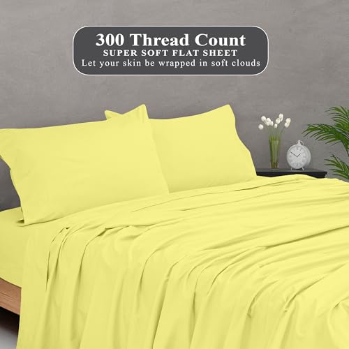 Image of Royale Linens 300 Thread Count 100% Long Staple Combed Cotton Flat Sheet - Super Soft - Top Sheets - Twin Flat Sheet Sold Separately - Breathable, Cool & Crisp Percale Sheets Only (Twin, Yellow)
