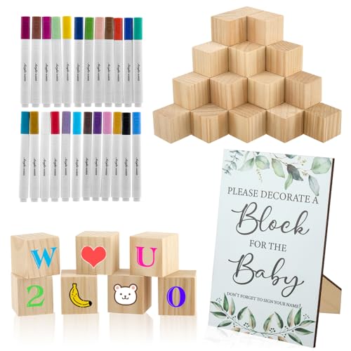 75 Stück Babyparty Spiele Set,Holz Kreativität Interaktion Baby Shower Deko mit Farbstift,Das lustigste Baby Party Spiele Aller Zeiten,bauklötze bemalen babyparty,für babyparty Junge und Mädchen
