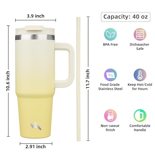 Image of Konokyo 40 oz Insulated Tumbler Water Bottle with Handle, Straw Lid | BPA-free and dishwasher safe; made for gym, travel, coffee and gifting, 2 straws, cup holder friendly,Lemon