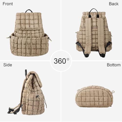 Quilted Travel Duffle Bag Gym Bag&Quilted Backpack Purse for Women,Large Puffer Duffle Weekender Bag Lightweight Puffer Puffy College Laptop Backpack with Compartment for Travel Gym Airplane(Khaki)4