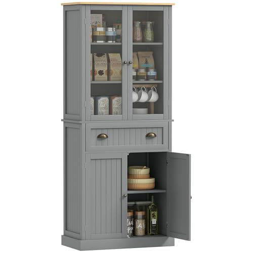 HOMCOM Freestanding Kitchen Cupboard, 5-tier Storage Cabinet with Adjustable Shelves and Drawer for Living Room, Dining Room, Grey