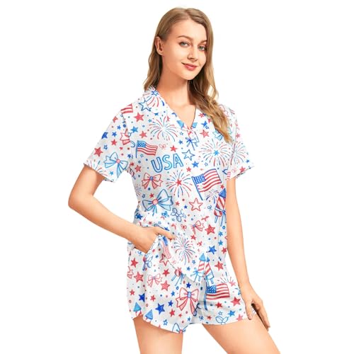 Image of Funny Pajamas for Women Set Print Satin Loungewear Pjs Short Sleeve Button Down Top and Shorts Sets Sleepwear XS-3XL