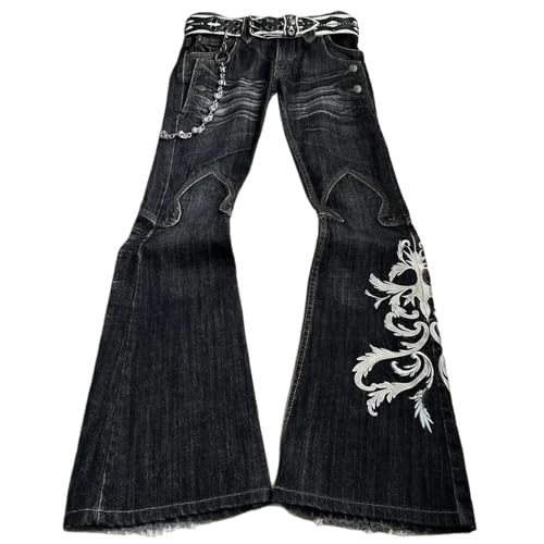 Women's Embroidered Jeans Punk Flared Pants y2k Washed Pants Gothic Heart Full Jeans Hip-hop