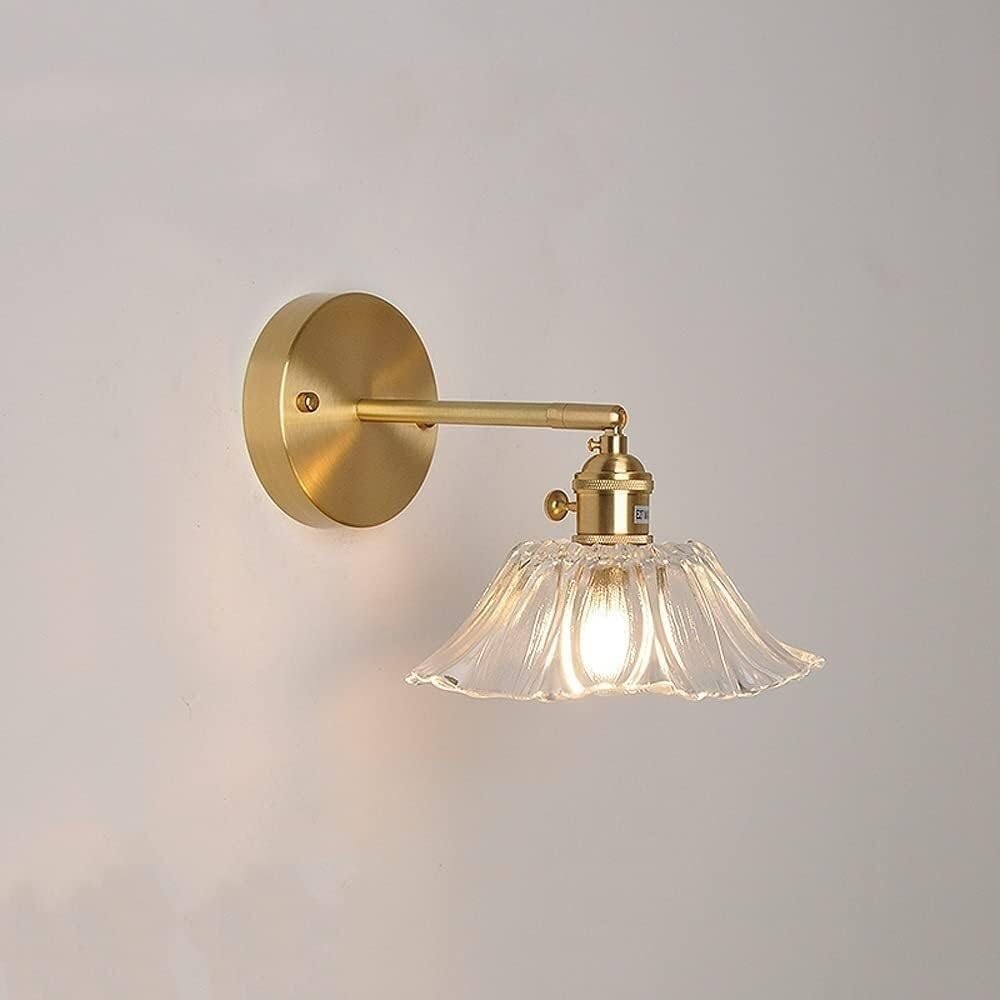 NNOVAT Wall Light Pink Glass Flower Shade Gold Farmhouse Wall Mount Light Vintage Brass Wall Sconce Purple Clear Glass Nordic Modern Hanging Wall Lamp for Living Room Girls Bedroom Bedsid