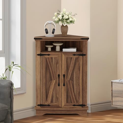 GarveeHome Corner Bathroom Cabinet, Small Corner Cabinet with Barn Doors
