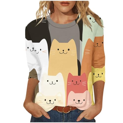 Women's T Shirts with Cat Printed Summer Tops 3/4 Sleeve Vacation Trendy Casual Loose Cute Hoilday Blouse Tee