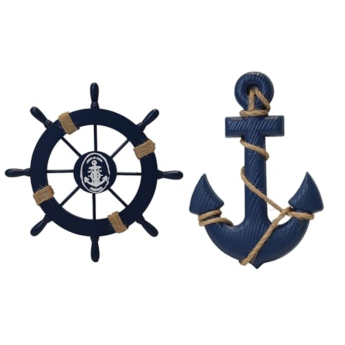 2 Pack 11 Nautical Beach Wooden Ship Wheel and 13 Wooden Anchor with Rope Nautical Boat Steering Wheel Rudder Anchor Wall Art Decor Door Hanging Ornament Beach Theme Home Decoration (Dark Blue)