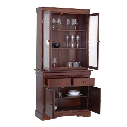 Image of Royaloak Texas American Wooden Crockery Unit 2 Doors | Solid Wood Veneer| Beveled Top Design | Ample Storage | Wooden Knobs