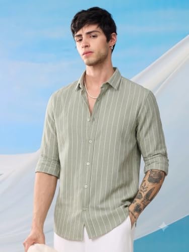Belpatra Men's Green Striped Casual Shirt Light Green - Image 3