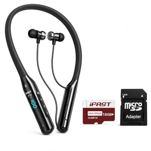 Image of iFAST IF-125 Digital Display Bluetooth 5.4 Wireless Neckband Earphones with 50H Playtime, ENC, IPX6, LED Battery Display (Black) + 16GB Class 10 Memory Card