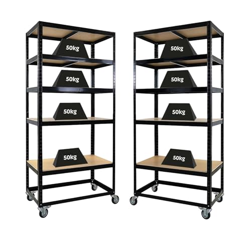 PROREGAL Mega Deal 2X Kommissionierwagen BÜFFEL Fahrbares Kommissionierregal 192x90x50cm 5 Ebenen Fachlast 50kg 2X Lenkrollen & 2X Lenkrollen mit Feststellbremse Schwarz Regal auf Rollen Regalwagen