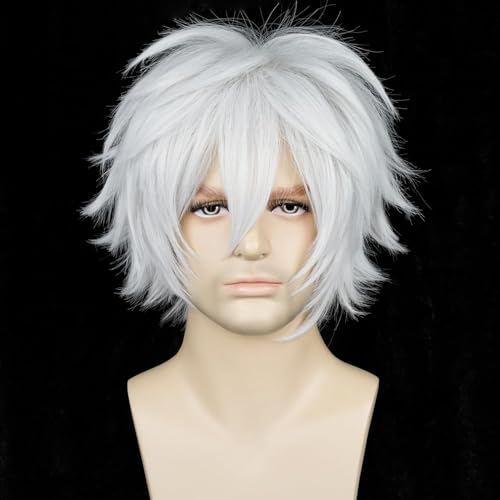 LABEAUTÉ Short Sliver White Cosplay Wig Male Unisex Anime Fluffy Cosplay Hair Wigs for Halloween Party + Free Cap
