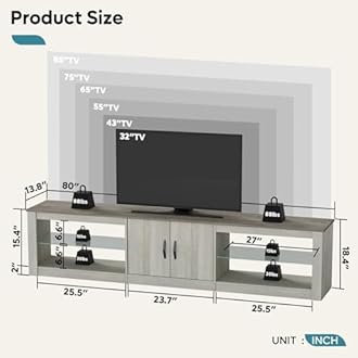 Bestier 80 Inch TV Stand for 75/77/85/86 inch TVs, LED Gaming Entertainment Center for PS5 with Storage Cabinet &Adjustable Glass Shelves, Modern TV Console Table for Living Room Bedroom, Wash White
