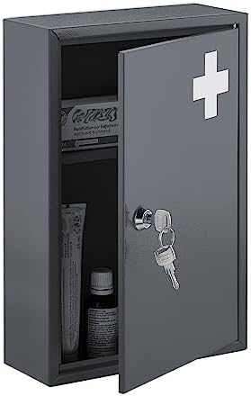 Relaxdays Medicine Cabinet with Cross and Lock, 2 Compartments, 32 x 21.5 x 9.5 cm, for Medicines, Grey and White, Iron, 32 x 21.5 x 9.5 cm