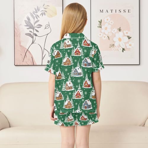 Satin Pajama Sets Short Sleeve Winter Village Scene Pattern Button Down Silky Nightwear 2 Piece PJS 5-14Y4