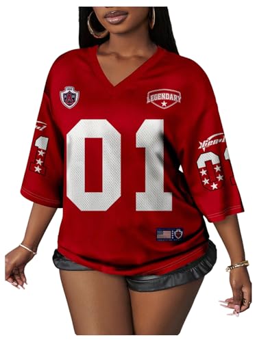 RoseSeek Women's Number Graphic Mesh Jersey Shirt V Neck 3/4