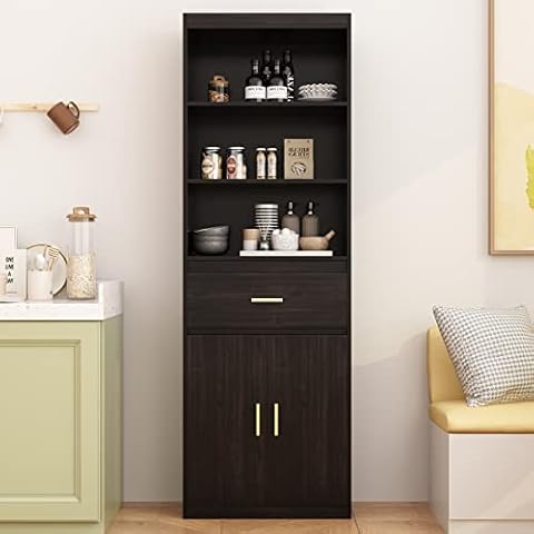 Caldion Badezimmer Hochschrank mit 3 offenen Ablagen,Badezimmerschrank mit 2 Türen und 1 SchubladeBücherregal, KüchenSchrank Vitrinenschrank BuffetSchrank Cover