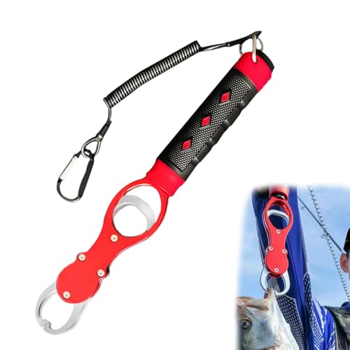KASELIN 魚掴み器 計量機能付き フィッシュグリップ 360度水平回転式握り 滑り止め アルミ製 防錆 最大荷重30kg プライヤー ホルダー 魚つかみ 安全ロープ付き 釣り具 ランディングツール 魚つ携帯便 (赤色)