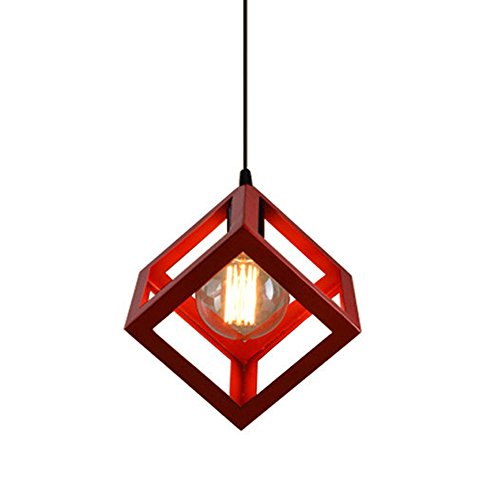 STOEX E27 Lustre Suspension Industrielle Plafonnier en Métal Fer Forme Cube Carré Abat-Jour Luminaire Corde Ajustable pour Salon Salle à Manger Bar, Rouge