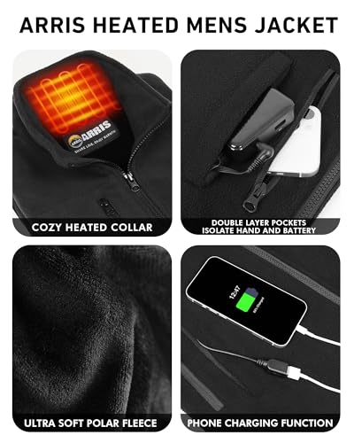 ARRIS Men`s Heated Fleece Jacket with Battery, Electric Heating Coat Full Zip with Hand Warmer3