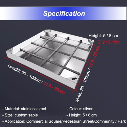 Invisible Square Manhole Cover with Base, Outside Metal Septic Tank Lid for Commercial Zone / Industrial Area / Pedestrian Street / Park Greening, Recessed Inspection Chamber Covers(H -8cm/3.15in,85x8