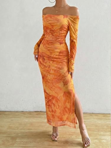 Image of LIGHT DOT Women's Printed Off Shoulder Maxi Dress Long Sleeve Bodycon Ruched Mesh Cocktail Dress