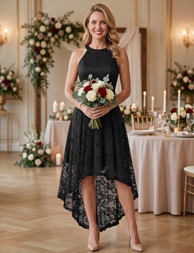 Image of Dressystar Women Halter Lace Wedding Guest Dress Hi-Lo Cocktail Party Bridesmaid Formal Dresses