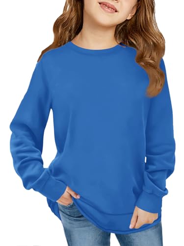 Haloumoning Girls Oversized Long Sleeve Shirts Kids Fashion Crewneck Tunic Tops Curved Hem Tees 7-14 Years