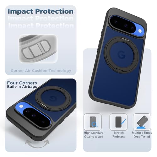 Image of RIGGEAR Shockproof Sleek Hybrid Armor 360 Rotating Magnetic Ring Stand Back Cover Case Compatible with MagSafe Accessories for Google Pixel 10 / Pixel 10 Pro (Smoke Black Matte PC + Black TPU Bumper)