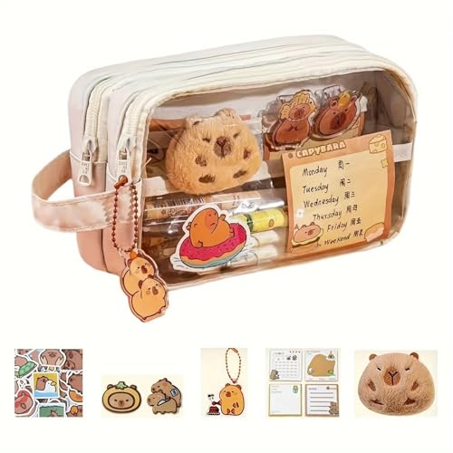 Bolsa para Lápis Capybara | Estojo de Lápis Capivara de Desenho Animado com Compartimentos | Estojo Escolar de Capivara (Branco)