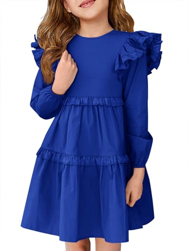 Haloumoning Girls Long Sleeve Dress Kids Ruffle Babydoll Dress Casual Party Swing Dresses 5-14 Years