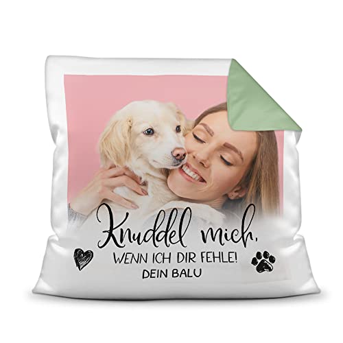 PfotenSchild Personalisiertes Foto-Kissen mit Füllung - Knuddel Mich, wenn ich dir fehle - mit Namen selbst gestalten - für Hunde, Katzen und andere Haustiere | Rückseite Seegrün