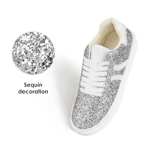 Image of Suokdil Sparkle Rhinestone Sneakers for Women - Bling Fashion Bedazzled Platform Tennis Shoes - White Glitter Sequin Wedding and Party Shoe