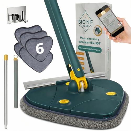 Bione Fregona Triangular Autoescurrible con 6 Mopa y Raqueta Limpiacristales - Fregona Autoescurrible Triangular - Mopa para Limpiar Azulejos y Paredes - Mopa Triangular Giratoria 360 - Mopa Fregona