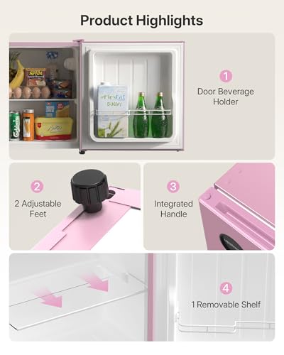 Image of Upstreman 1.5 Cu.Ft All-Refrigerator Mini Fridge, Single Door Small Refrigerator, Dorm Fridge with 7 Adjustable Thermostat, Compact Refrigerator for Dorm, Office or Small Spaces, Pink-CR16