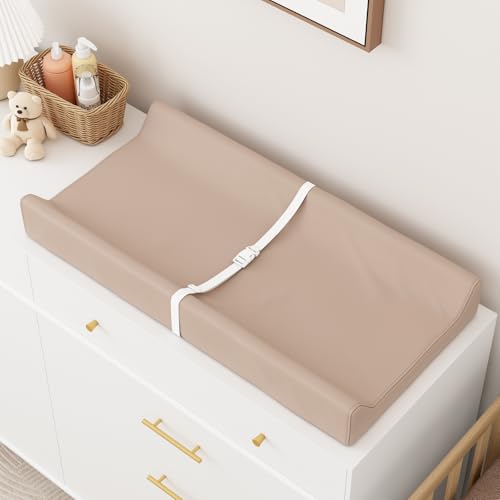 Image of YACODAVO Wipeable Baby Changing Pad for Dresser and Table, Cozy Diaper Changing Pad with Waterproof & Wipe-Clean Leather Cover, Light Brown