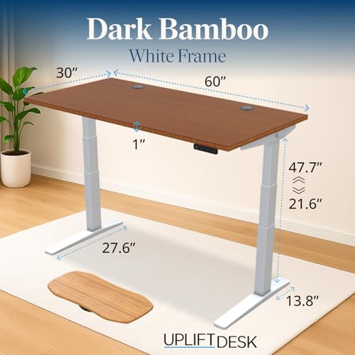 Image of UPLIFT DESK Dark Bamboo (60 x 30 inch) Standing Desk 2-Leg V3 Adjustable Stand Up C-Frame (White), Advanced Keypad, Wire Grommets, Wire Tray, Rocker Board