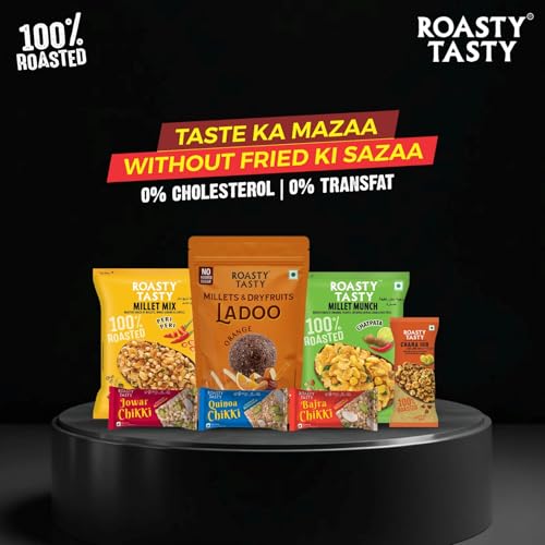 Image of Roasty Tasty Assorted Healthy Snacks & Sweets Combo | Orange Millet Ladoo, Chikki & Roasted Namkeen Mix | Sugar Free Sweets Alternative to Chocolate | Palm Oil Free Snacks for Adults | Healthy Gifting Hamper