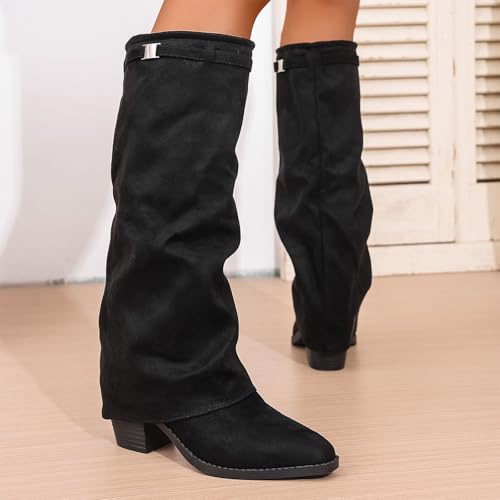 Chunky Knee High Boots for Women Slouchy Suede Wide Calf Tall Booties Pointed Toe Dress Shoes4