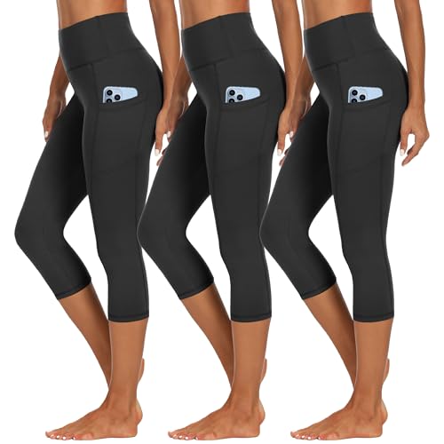 HIPOWER 3er Pack Leggings Damen mit Taschen Capri Sporthose 3/4 Hose Damen 7/8 Caprihose High Waist Yoga Sommer Sportleggings für Fitness Gym