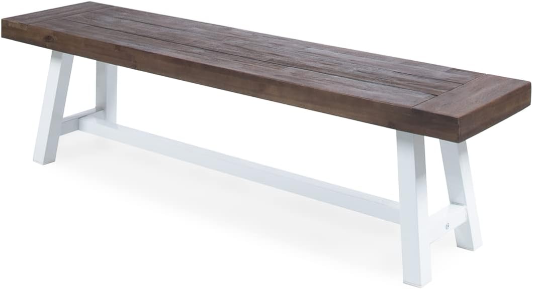 Cytheria Indoor Farmhouse Dark Brown Sandblast Finish Acacia Wood Dining Bench with White Rustic Metal Finish Frame