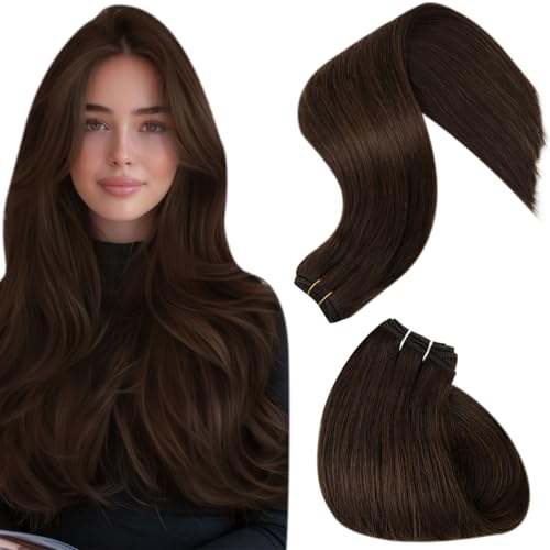 Hetto Weft Hair Extensions Real Human Hair Chocolate Brown 22 Inch 100g, Invisible Sew in Weft Hair Extensions